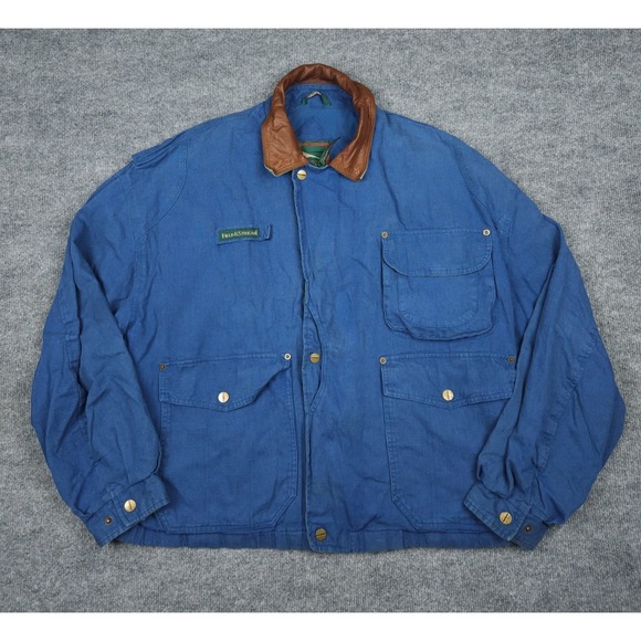 Vintage Field & Stream Chore Coat Jacket Men's XXL Blue Linen Blend Leather - Picture 1 of 11